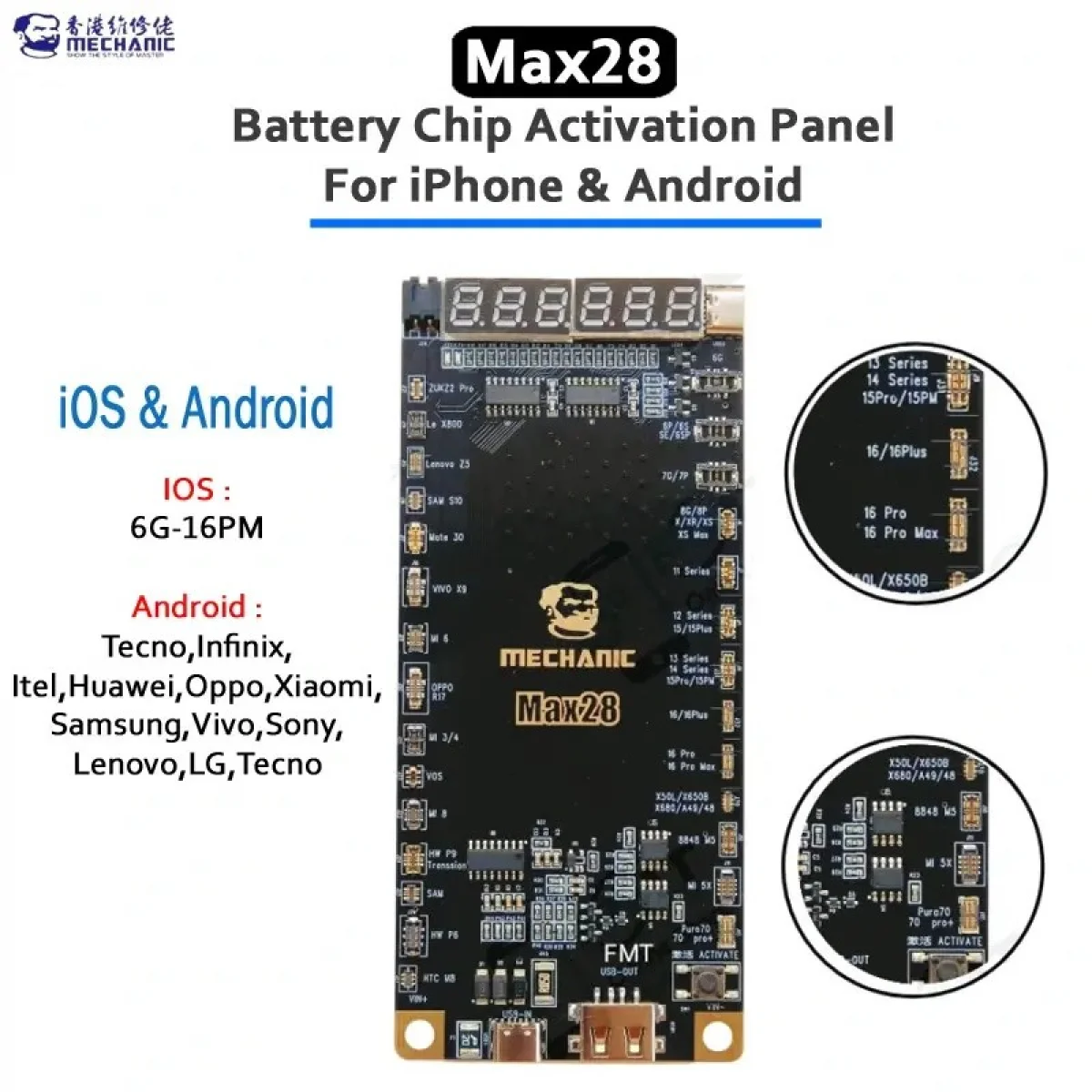 Mechanic Max 28 Android Iph 5 den Iph 16 Pro Max Batarya Şoklama
