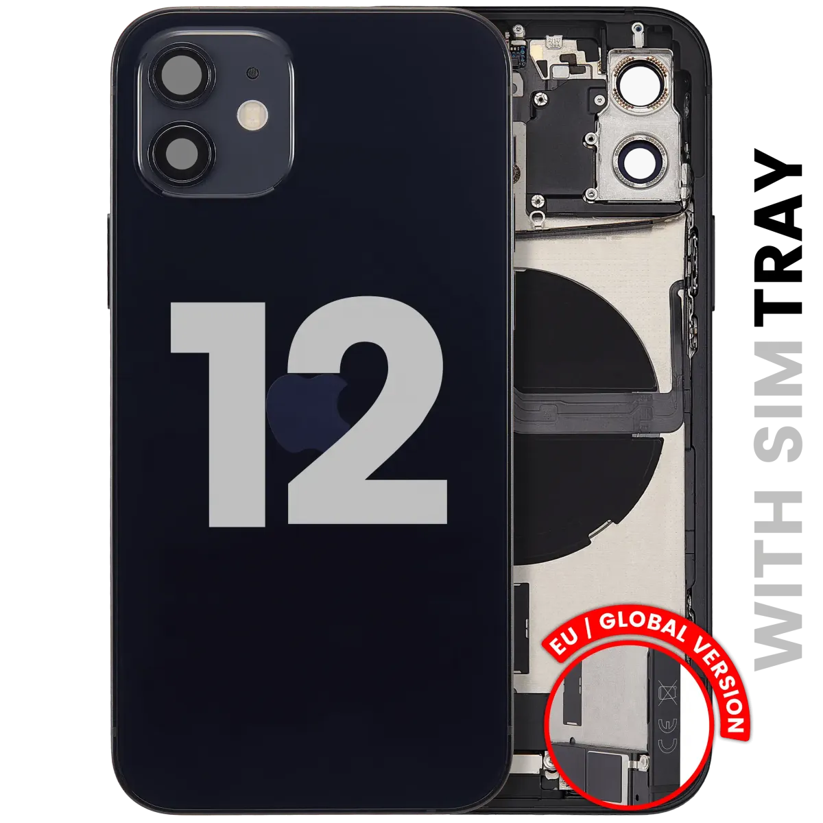 iPhone 12 için Kasa Full Set Şarj Bağlantı Noktası Flex ve Küçük Parçalarla Arka Muhafaza (AB / Global Versiyon)) (Siyah)