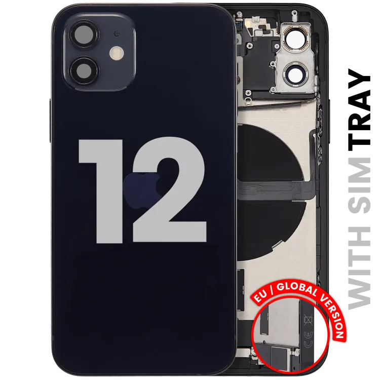 iPhone 12 için Kasa Full Set Şarj Bağlantı Noktası Flex ve Küçük Parçalarla Arka Muhafaza (AB / Global Versiyon)) (Siyah)