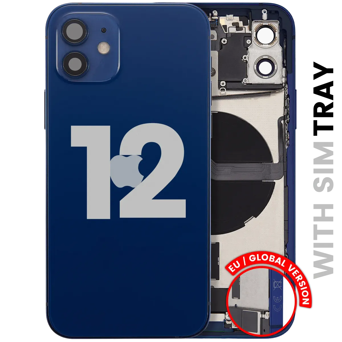 iPhone 12 için Kasa Full Set Şarj Bağlantı Noktası Flex ve Küçük Parçalarla Arka Muhafaza (AB / Global Versiyon) (Mavi)