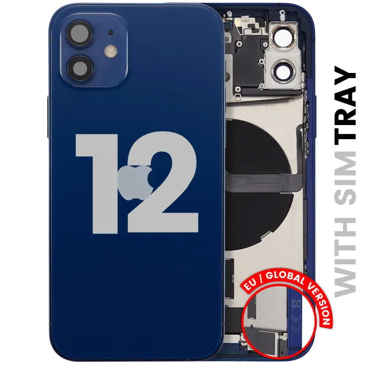 iPhone 12 için Kasa Full Set Şarj Bağlantı Noktası Flex ve Küçük Parçalarla Arka Muhafaza (AB / Global Versiyon) (Mavi)