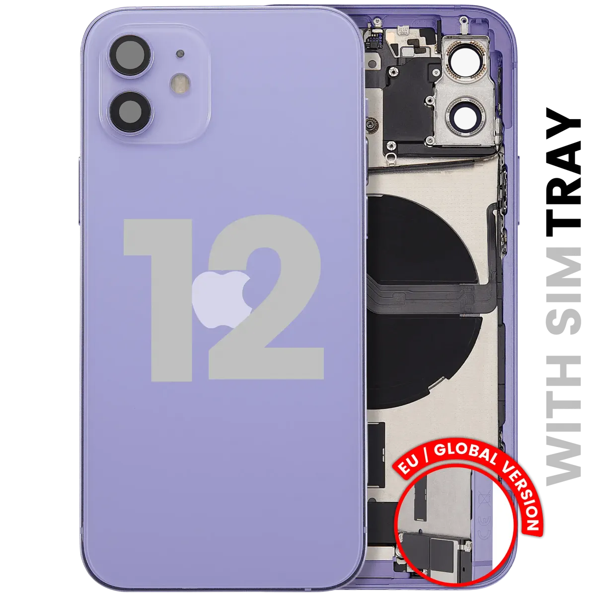 iPhone 12 için Kasa Full Set Şarj Bağlantı Noktası Flex ve Küçük Parçalarla Arka Muhafaza (AB / Global Versiyon)  (Mor)