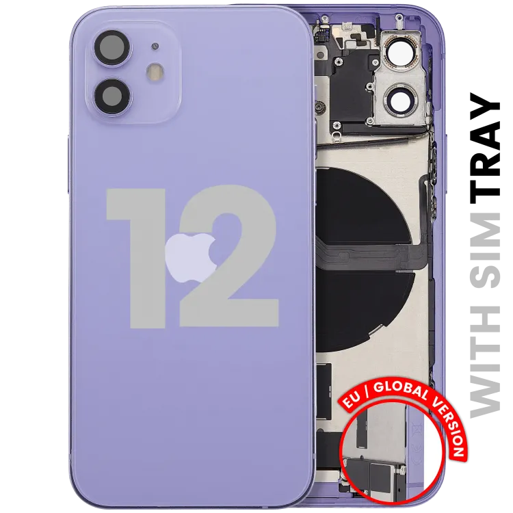 iPhone 12 için Kasa Full Set Şarj Bağlantı Noktası Flex ve Küçük Parçalarla Arka Muhafaza (AB / Global Versiyon)  (Mor)
