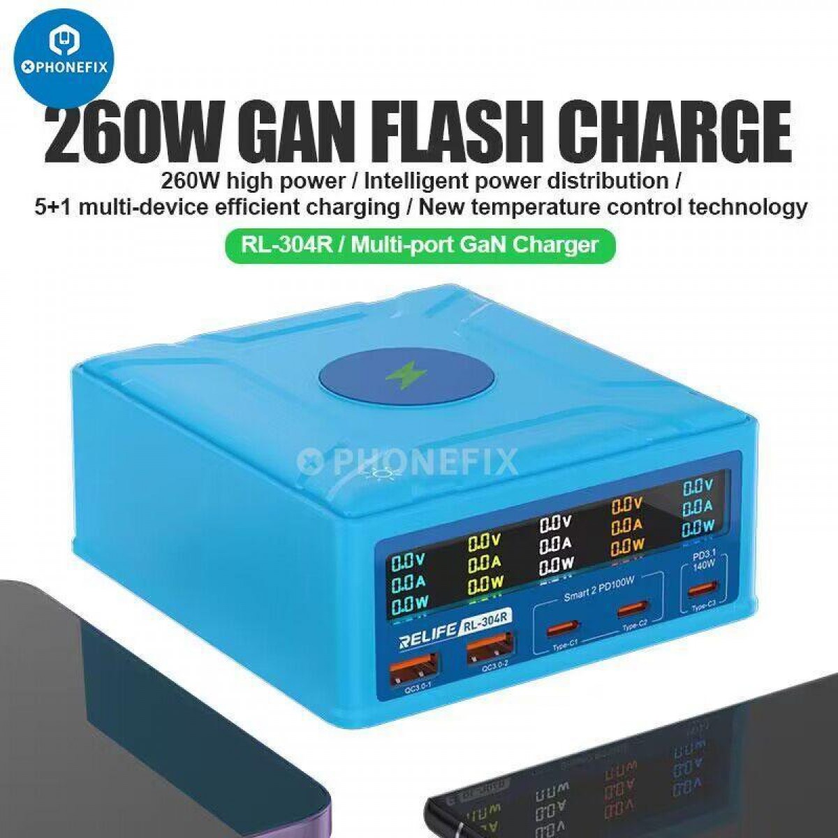 Relife Rl-304R 260W 5 Port Wireless Type-C Usb Charger Relife Rl-304R 260W 5 Port Wireless Type-C Usb Charger