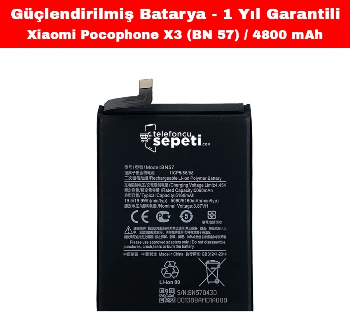 Xiaomi Poco x3 Batarya Bn57 4800 Mah "Yüksek Kapasiteli"