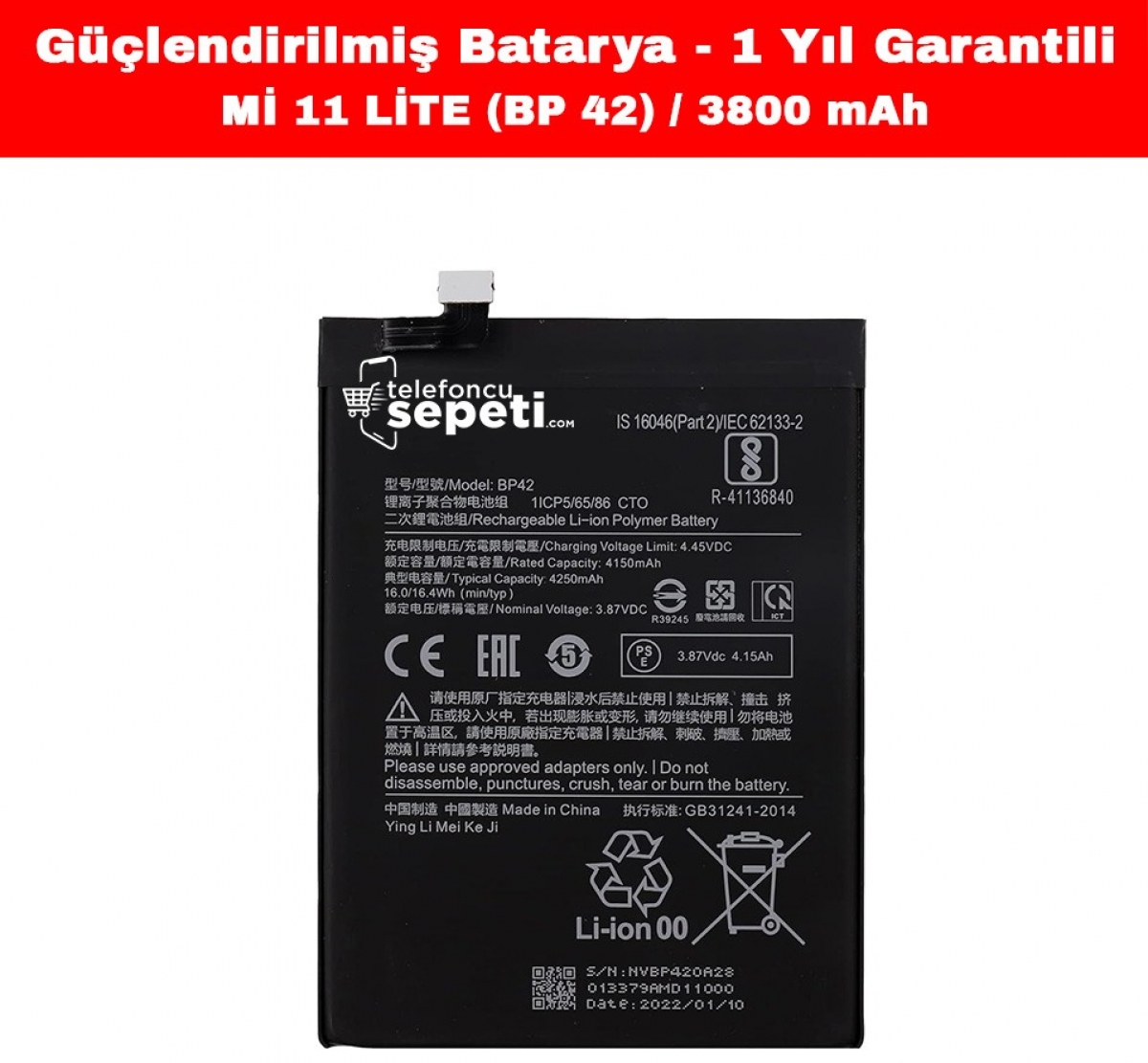 Xiaomi Mi 11 Lite Batarya  Orijinal BP42 3800 Mah "Yüksek Kapasiteli"