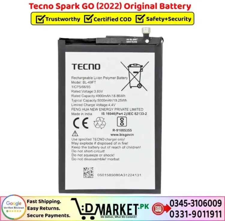 Tecno Spark GO 2022 Batarya Pil Orjinal Mah Logosuz Ürün BL-49FT
