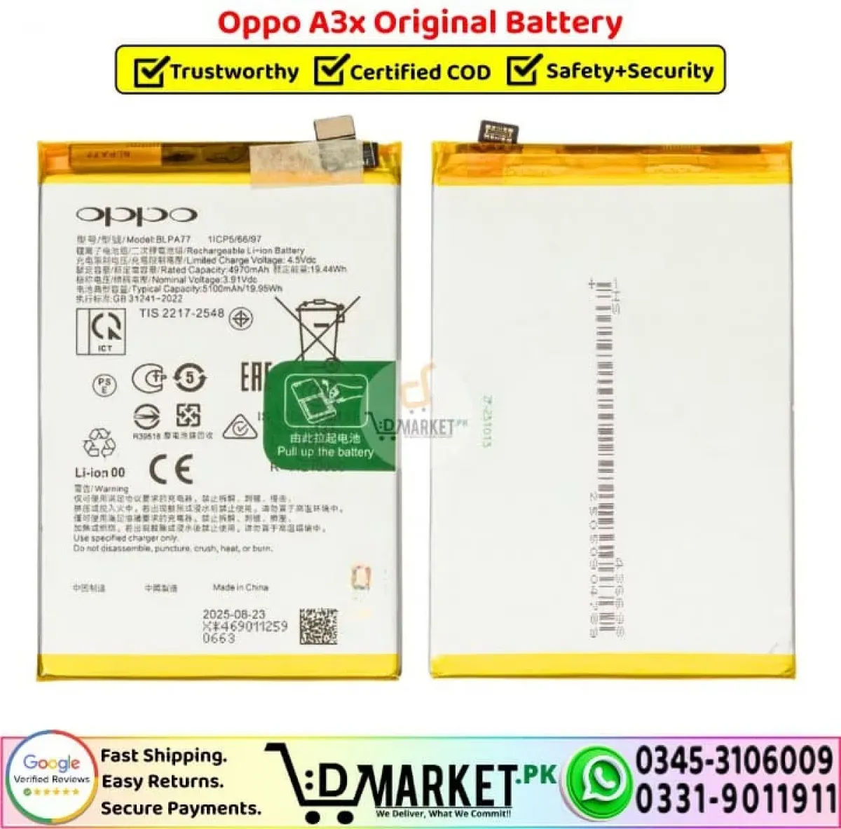 Oppo A3X Batarya Pil Orjinal Mah Logosuz Ürün BLP687