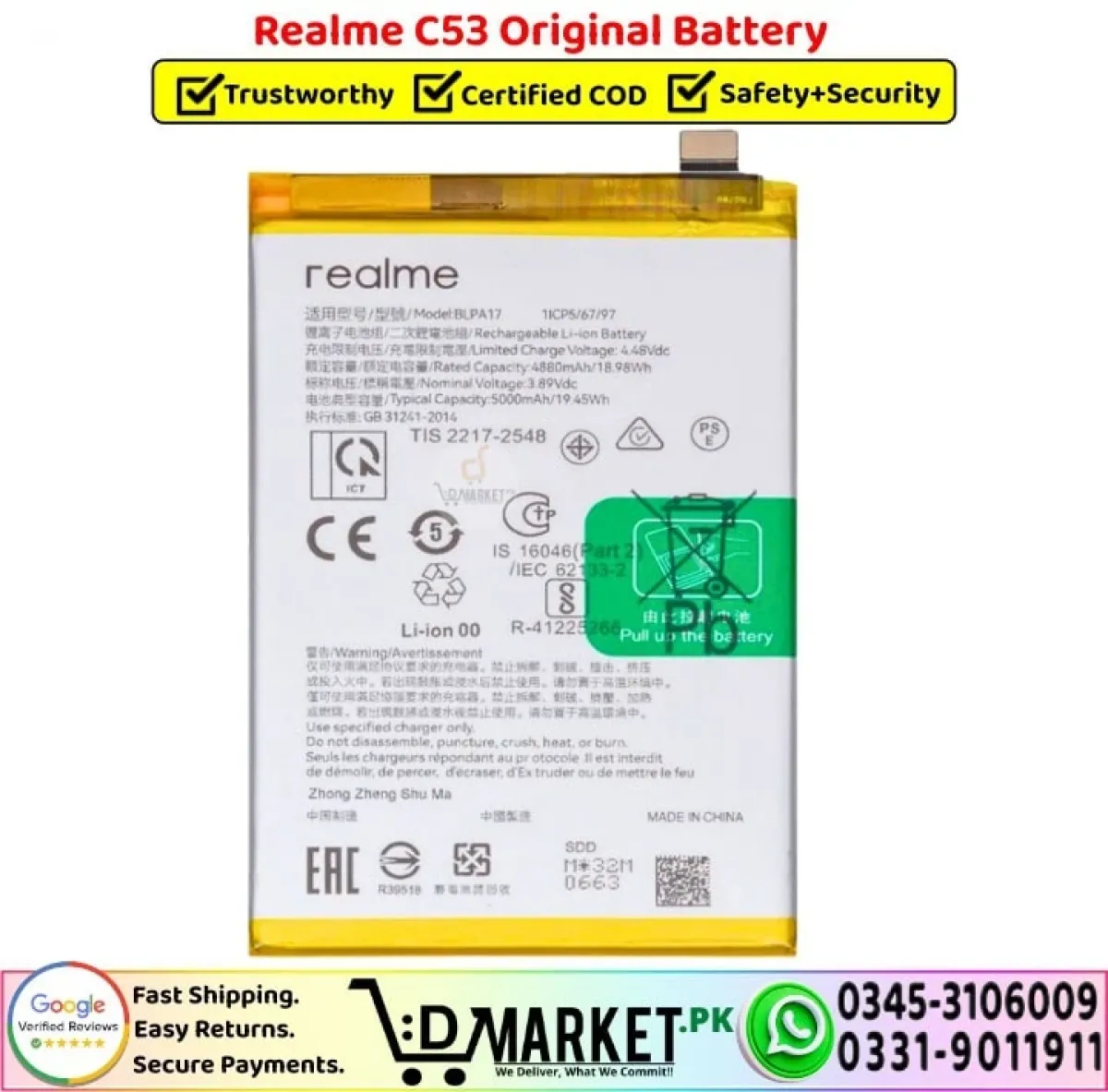 Realme C53 Batarya Pil Orjinal Mah Logosuz Ürün BLP813
