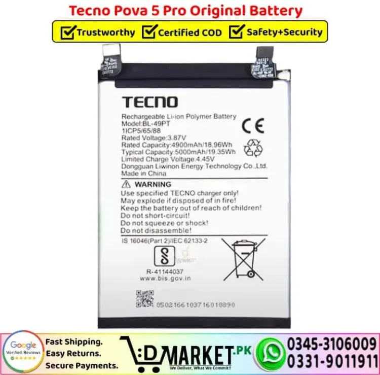Tecno Pova 5 PRO Batarya Pil Orjinal Mah Logosuz Ürün BL-58BT